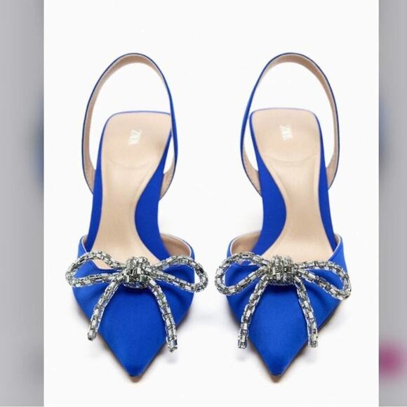 Zara Blue EMBELLISHED BOW HEELED SLINGBACKS - Picture 2 of 15